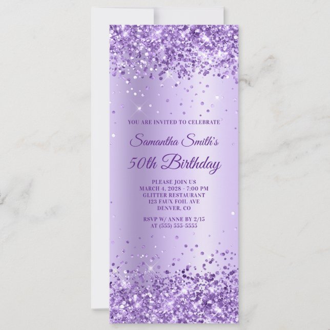 Invitación Purpurina morado real Lavender Satin 50 cumpleaños (Anverso)