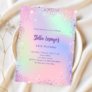 Invitación Purpurina morado rosa holográfico de lujo cumpleañ