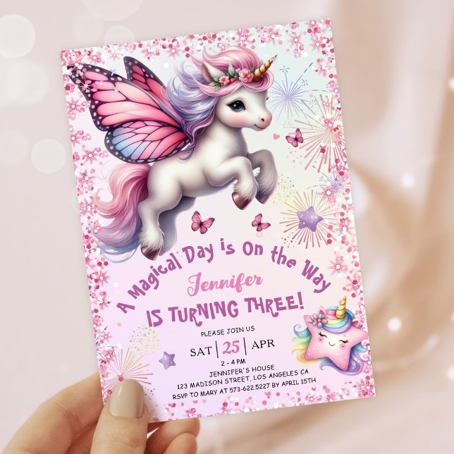 Invitación Purpurina morado rosado del tercer Chica de cumple (#UnicornBirthdayInvitation #UnicornBirthdayInvitationTemplate #UnicornBirthdayInvitationEditable )