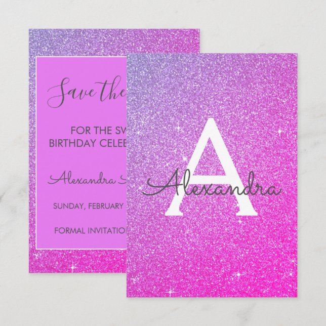 Invitación Purpurina morado rosado dulce 16 Guardar la fecha (Anverso / Reverso)
