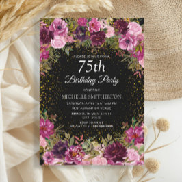 Invitación Purpurina morado rosado floral negro 75 cumpleaños
