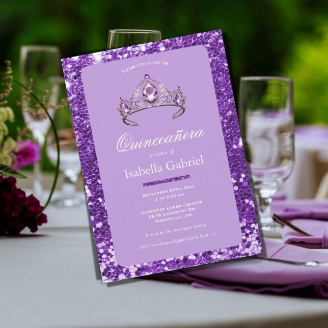 Invitación Purpurina morado Tiara Crown Elegante Quinceañera (Subido por el creador)