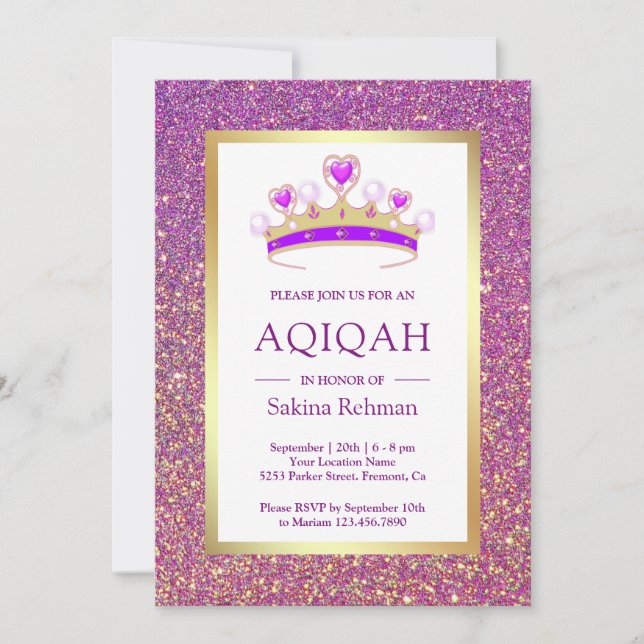 Invitación Purpurina morado Tiara Princesa Aqiqah (Anverso)