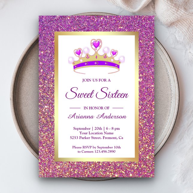 Invitación Purpurina morado Tiara Princess Sweet 16 (Subido por el creador)
