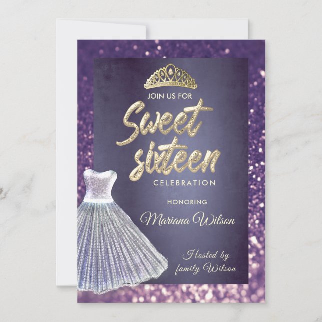 Invitación Purpurina morado vestido de moda Tíara dorada 16 (Anverso)