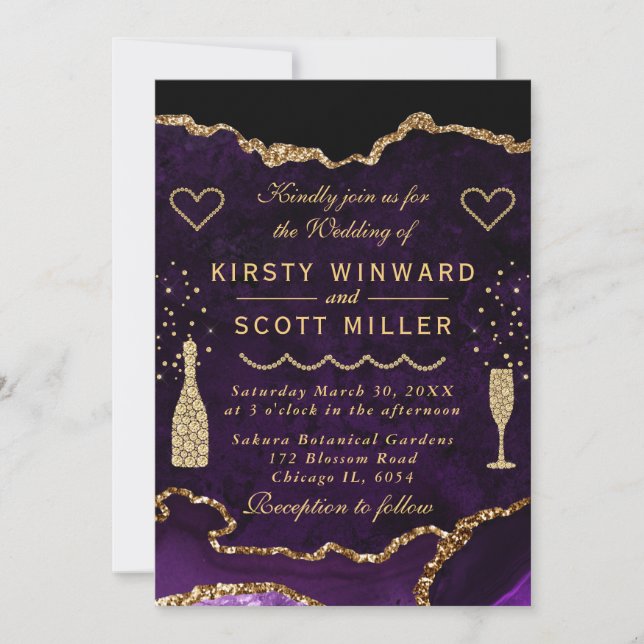 Invitación Purpurina morado y  de oro Boda de mármol (Anverso)