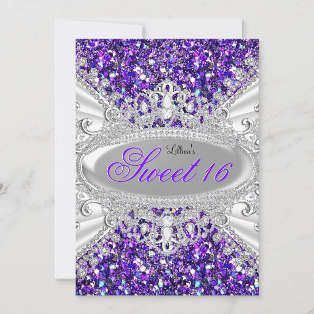 Invitación Purpurina morado y Diamante Tiara dulce 16 (Anverso)