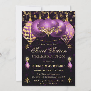 Invitación Purpurina morado y dorado Baubles dulce dieciséis