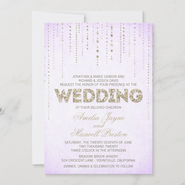 Invitación Purpurina morado y dorado con aspecto de boda invi (Anverso)