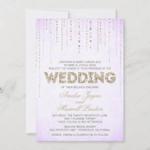 Invitación Purpurina morado y dorado con aspecto de boda invi