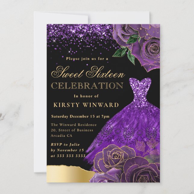Invitación Purpurina morado y dorado vestido Rosas Glam Dulce (Anverso)