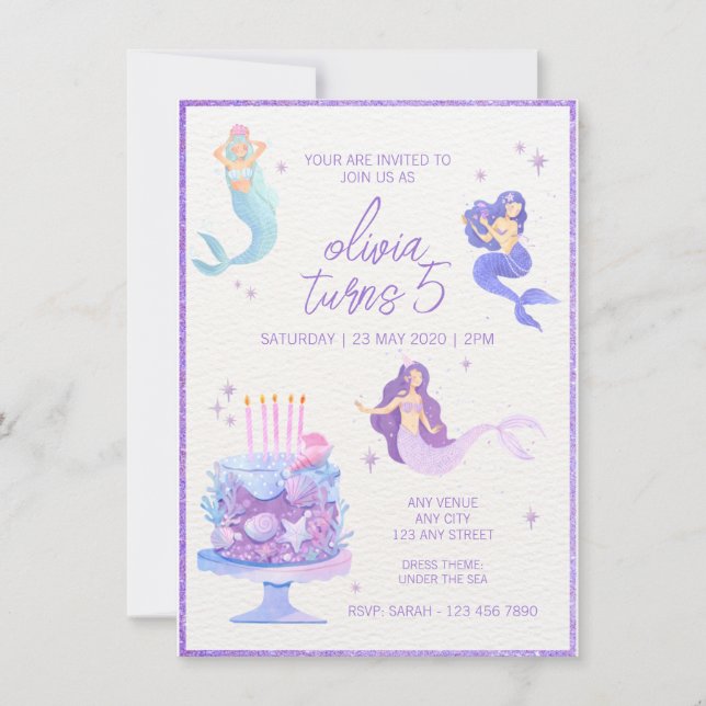 Invitación Purpurina morado y encantadora sirena bajo el mar (Anverso)