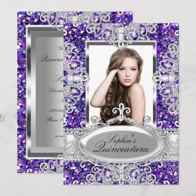 Invitación Purpurina morado y glamour de diamantes Quinceaner (Anverso / Reverso)