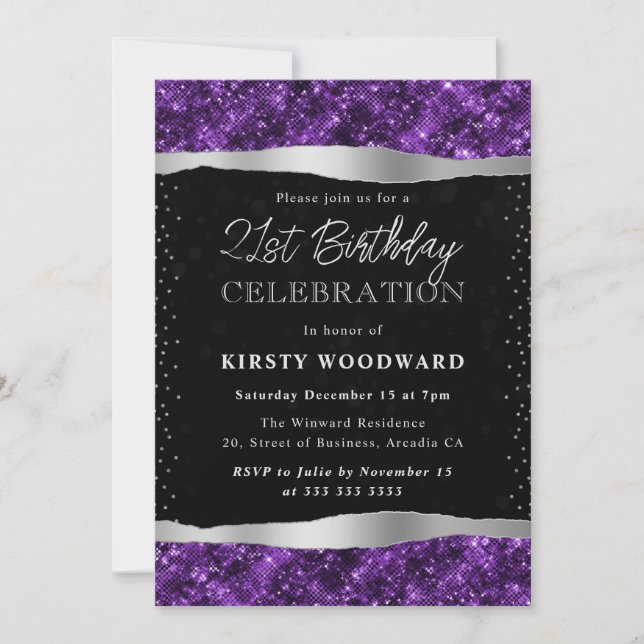 Invitación Purpurina morado y negro Shimmer cumpleaños 21 (Anverso)