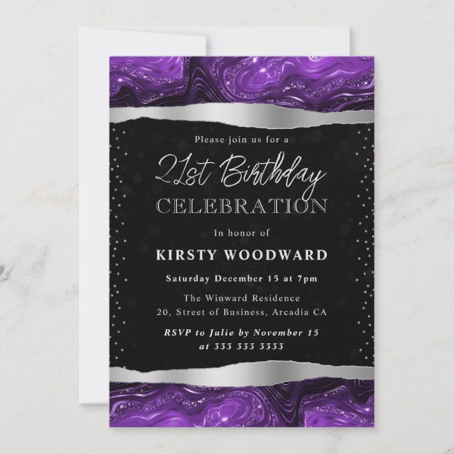 Invitación Purpurina morado y negro Shimmer cumpleaños 21 (Anverso)