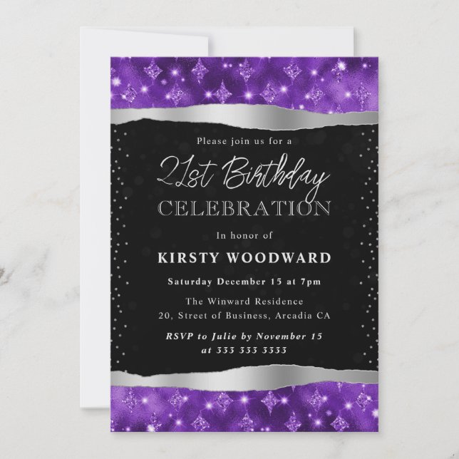 Invitación Purpurina morado y negro Shimmer cumpleaños 21 (Anverso)