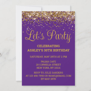 Invitación Purpurina morado y oro 30 cumpleaños, Fiesta