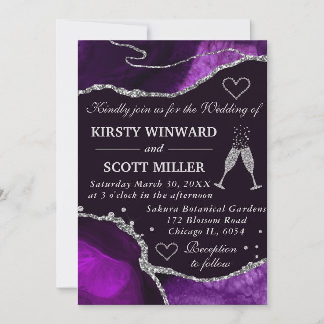 Invitación Purpurina morado y plateado agate Marble Boda (Anverso)