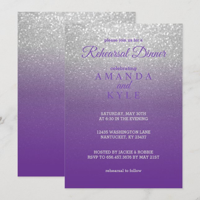 Invitación Purpurina morado y plateado - Cena de ensayo (Anverso / Reverso)