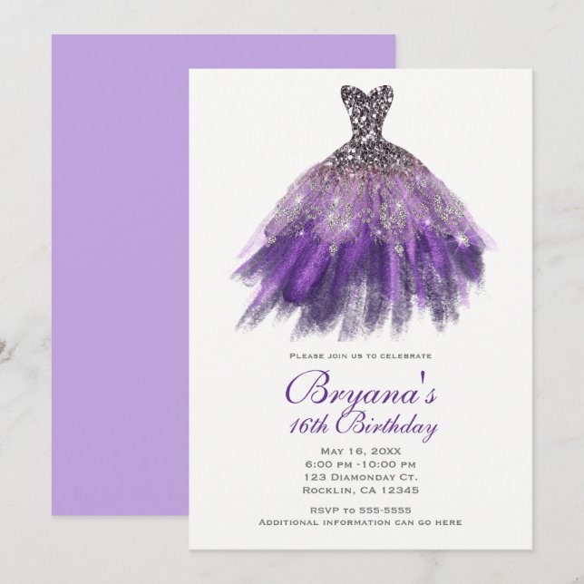 Invitación Purpurina morado y plateado Glam Vestido dulce 16  (Anverso / Reverso)