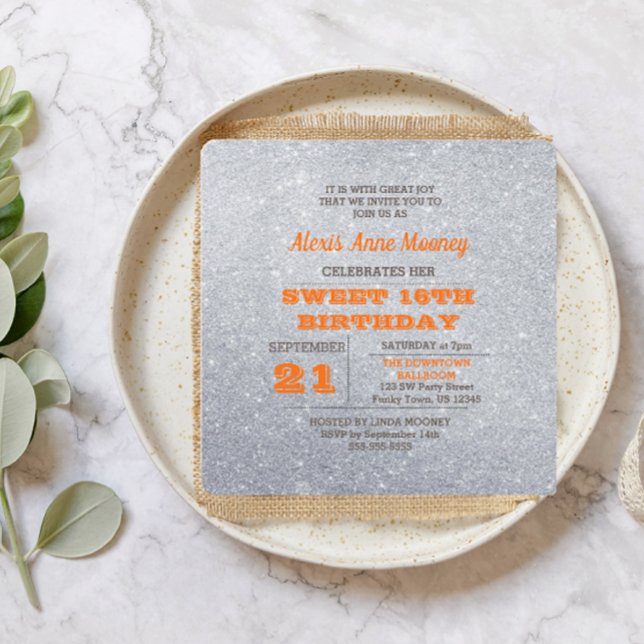 Invitación Purpurina Naranja Plata y Topaz Dulce 16 (Subido por el creador)
