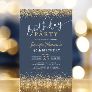 Invitación Purpurina Navy Blue Gold de cualquier edad 40 años