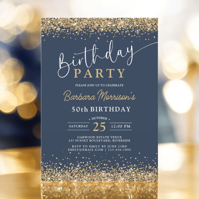 Invitación Purpurina Navy Blue Gold de cualquier edad 50 años (Subido por el creador)
