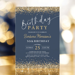 Invitación Purpurina Navy Blue Gold de cualquier edad 50 años