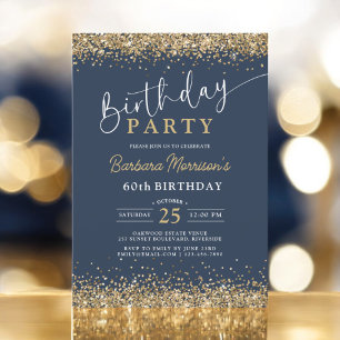 Invitación Purpurina Navy Blue Gold de cualquier edad 60 años