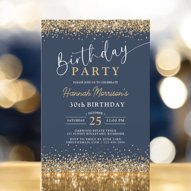Invitación Purpurina Navy Blue Gold de cualquier edad a los 3 (Subido por el creador)