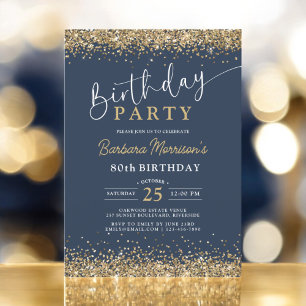 Invitación Purpurina Navy Blue Gold de cualquier edad Cumplea