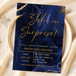 Invitación Purpurina Navy Blue Gold Sorpresa 60 cumpleaños