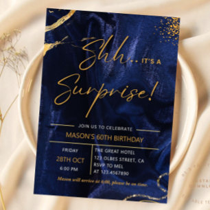 Invitación Purpurina Navy Blue Gold Sorpresa 60 cumpleaños