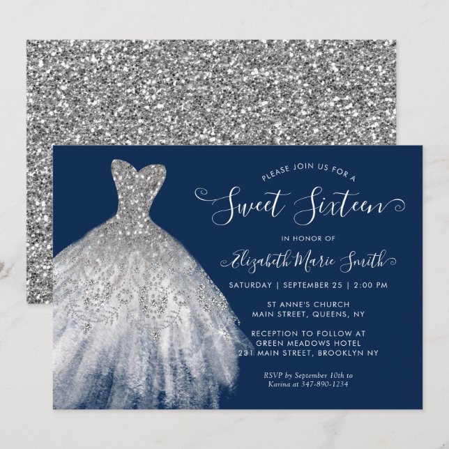 Invitación Purpurina Navy Blue Silver vestido dulce 16 cumple (Anverso / Reverso)