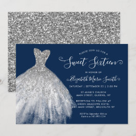 Invitación Purpurina Navy Blue Silver vestido dulce 16 cumple