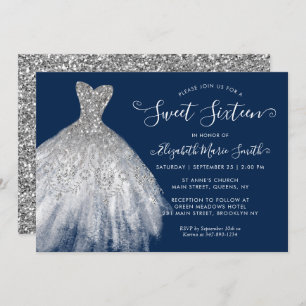 Invitación Purpurina Navy Blue Silver vestido dulce 16 cumple