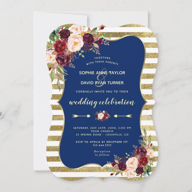 Invitación Purpurina Navy Burgundy Floral Gold Stripes Boda (Anverso)