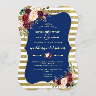 Invitación Purpurina Navy Burgundy Floral Gold Stripes Boda