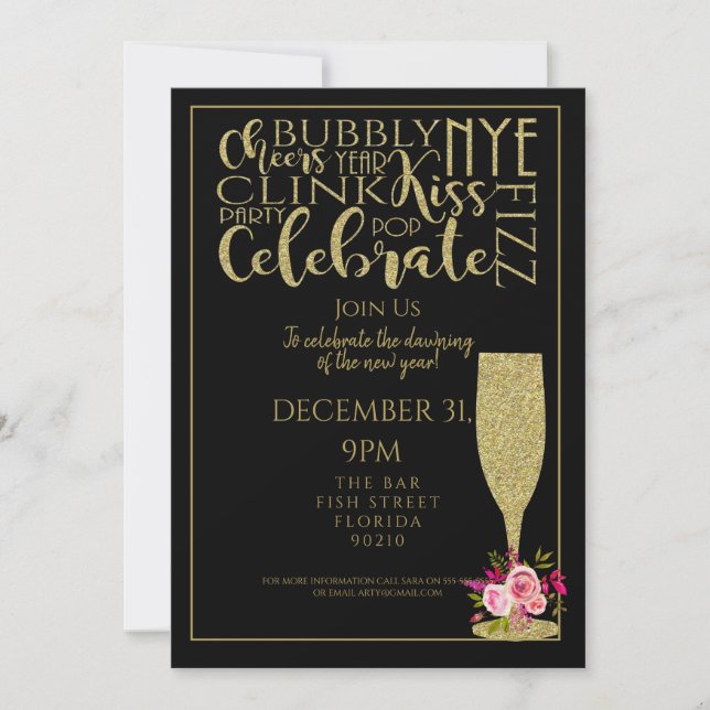 Invitación purpurina negro champán año nuevo fiesta PTO PTA (Anverso)