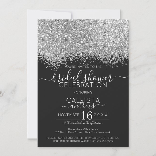 Invitación Purpurina negro de lujo Confetti Bridal Shower (Anverso)