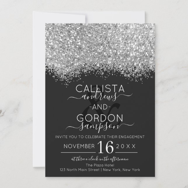 Invitación Purpurina negro de lujo Confetti Engagement (Anverso)