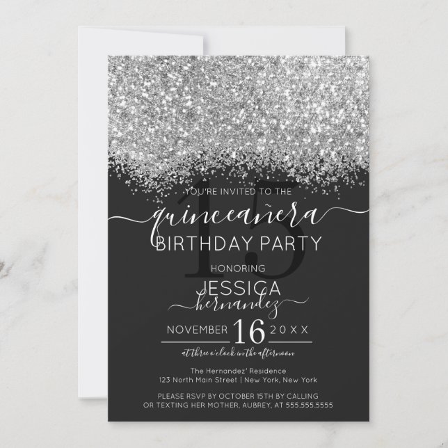 Invitación Purpurina negro de lujo Confetti Quinceañera (Anverso)