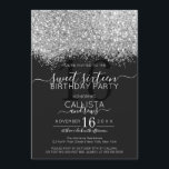 Invitación Purpurina negro de lujo Confetti Sweet 16<br><div class="desc">La elegante, glamorosa y moderna invitación a la fiesta de 16 años es perfecta para el joven chica contemporáneo y elegante. Cuenta con un falso purpurina brillante de color plateado impreso sobre un sencillo fondo negro con un gran número de "16" en un tono dorado rosado a juego. La parte...</div>