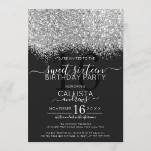 Invitación Purpurina negro de lujo Confetti Sweet 16