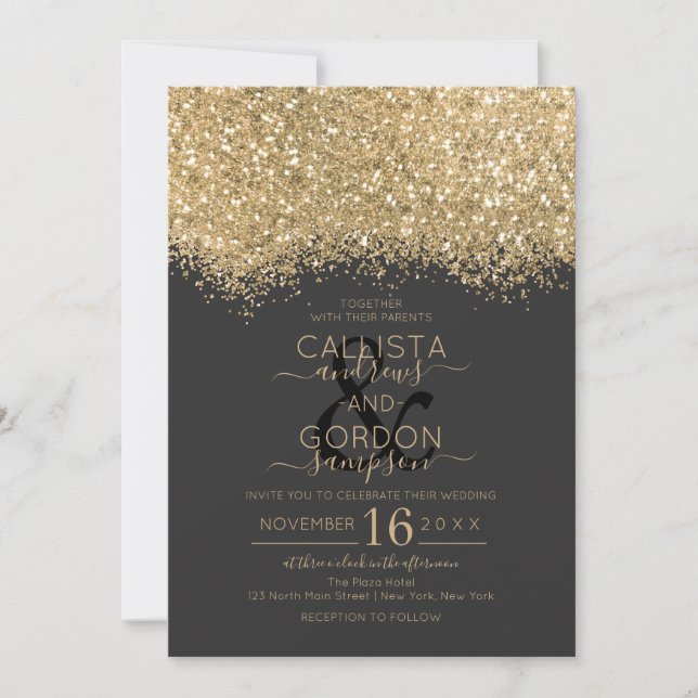 Invitación Purpurina negro de lujo moderno Confetti Boda (Anverso)