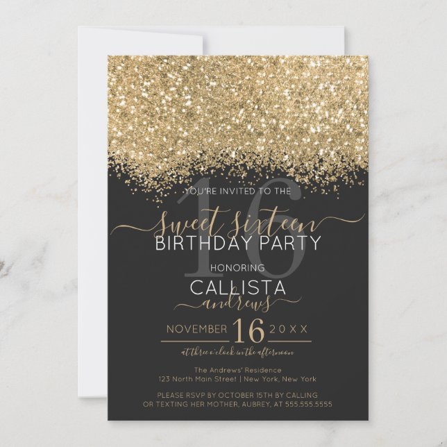 Invitación Purpurina negro de lujo moderno Confetti Sweet 16 (Anverso)