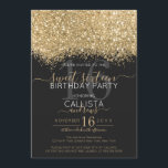 Invitación Purpurina negro de lujo moderno Confetti Sweet 16<br><div class="desc">La elegante, glamorosa y moderna invitación a la fiesta de 16 años es perfecta para el joven chica contemporáneo y elegante. Cuenta con un falso purpurina dorado brillante y fino bloque de color sobre un sencillo fondo negro con un gran número "16" en un tono dorado a juego. La parte...</div>