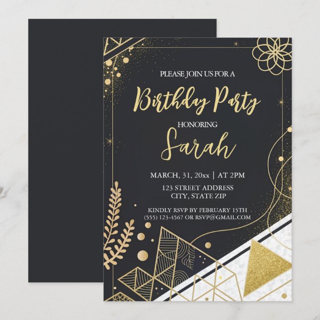 Invitación purpurina negro de lujo y oro moderno cumpleaños (Anverso / Reverso)