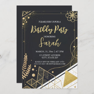 Invitación purpurina negro de lujo y oro moderno cumpleaños