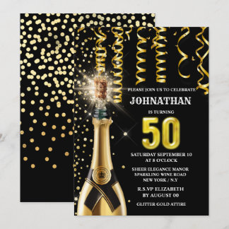 Invitación purpurina negro de oro espumoso de 50 hitos